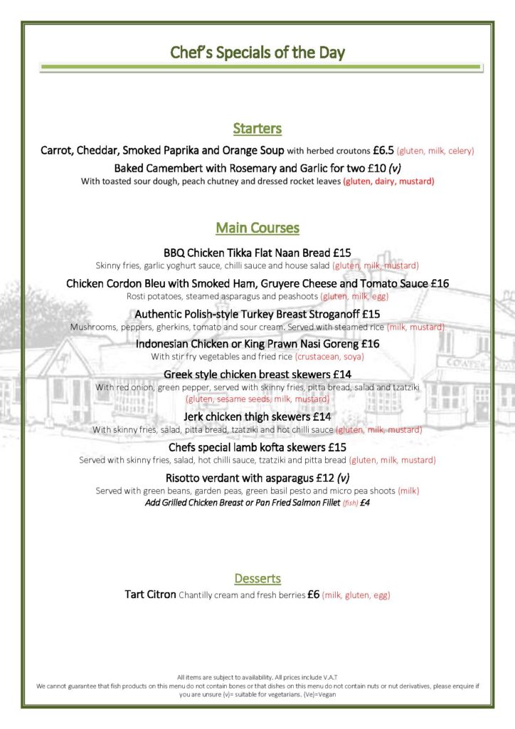 Cowper Arms Pub Homemade Special Food Menu, international foods, polish food, indonesian food, british food, welwyn garden city pub restaurant