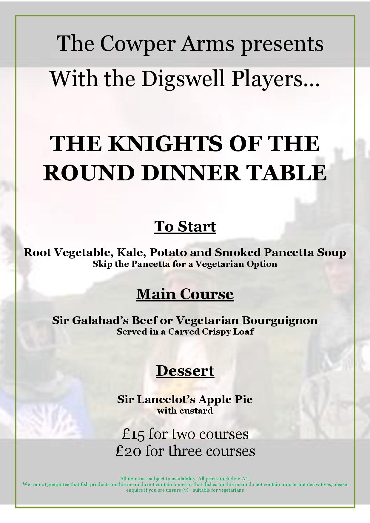 Camelot Menu, Cowper Arms and Digswell Players Pre-Pantomime Menu