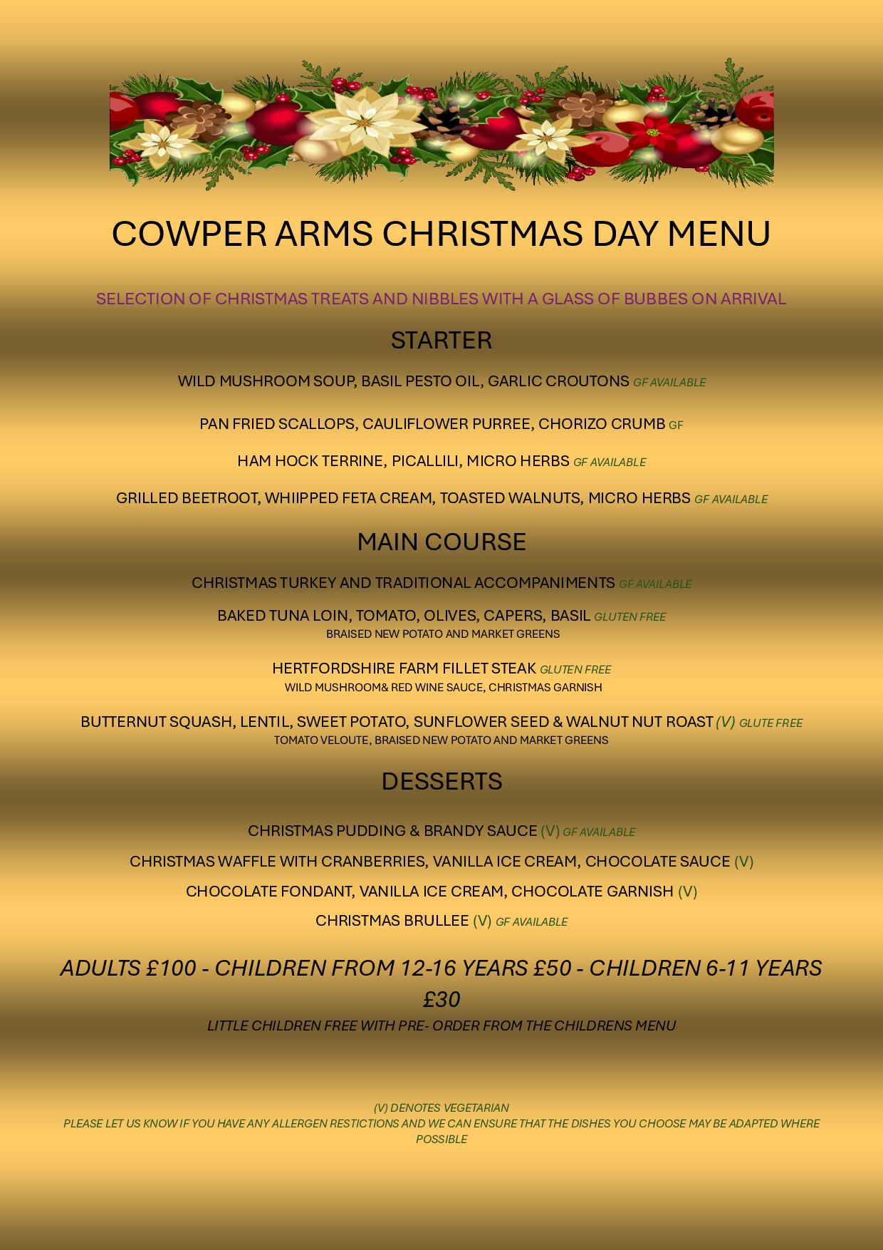 Christmas Day menu at the Cowper Arms Pub in Digswell near Welwyn Garden City