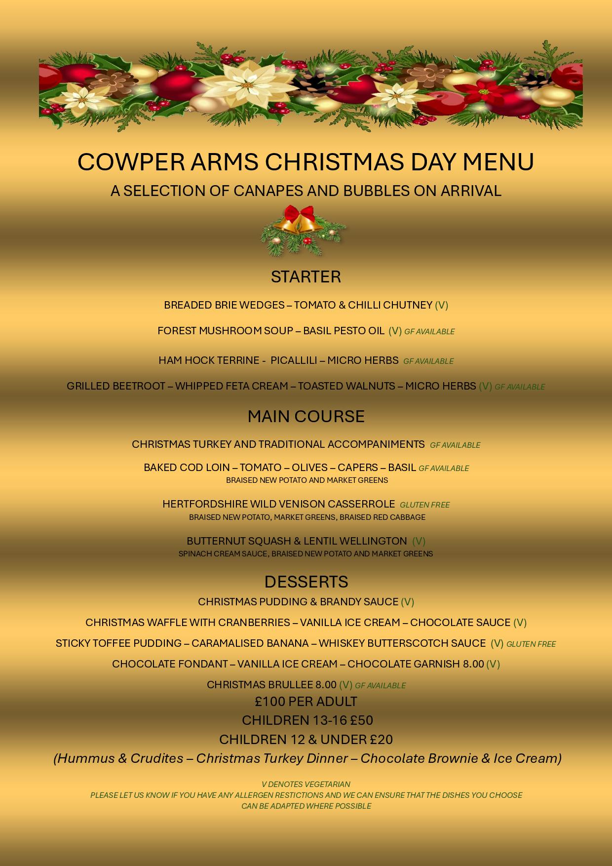 Christmas Day Food Menu for Xmas Dinner at Cowper Arms Pub in Digswell, near welwyn north station in Hertfordshire