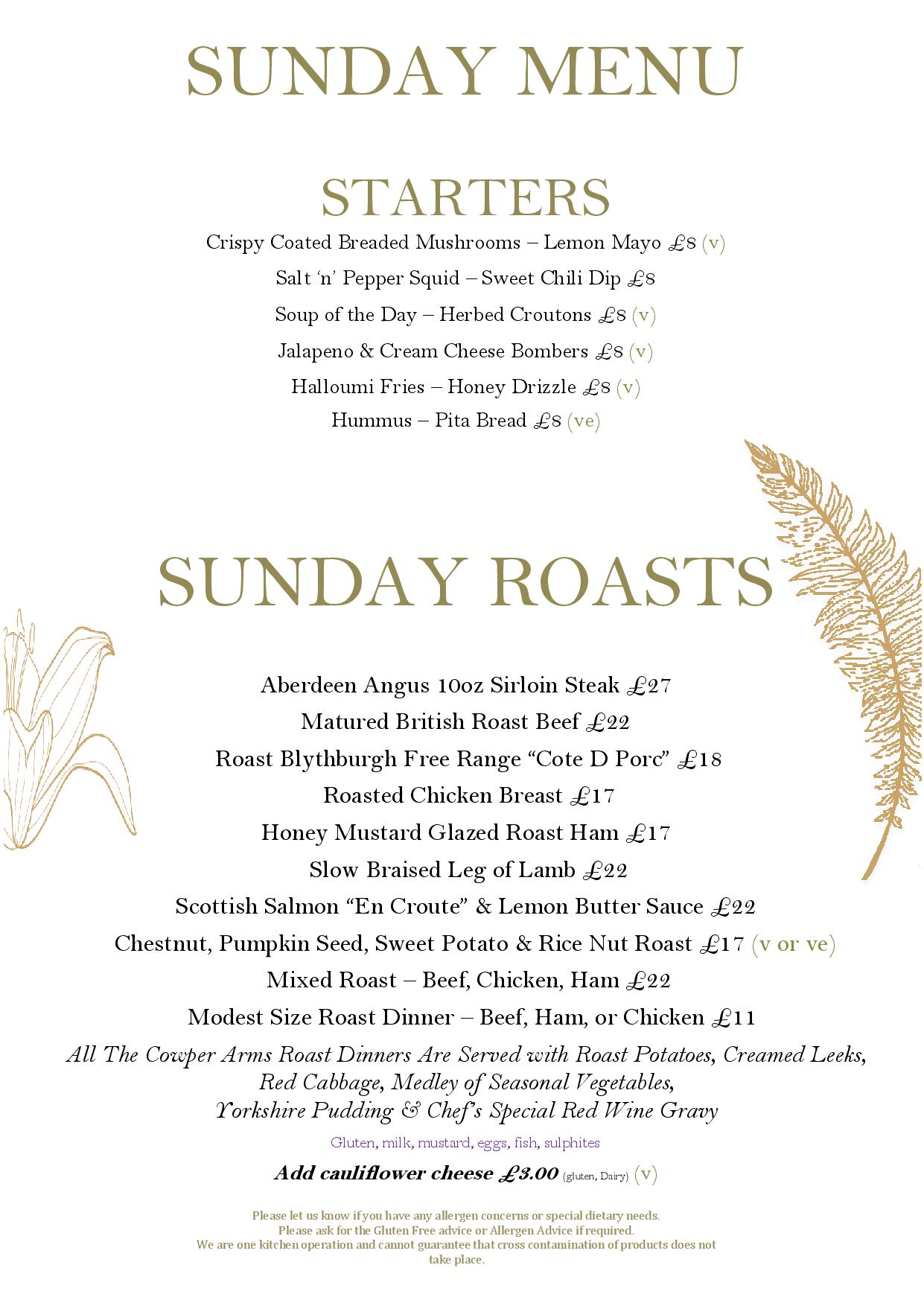 Traditional Pub Sunday Roasts Menu at the Cowper Arms, digswell near Welwyn Garden City in Hertfordshire