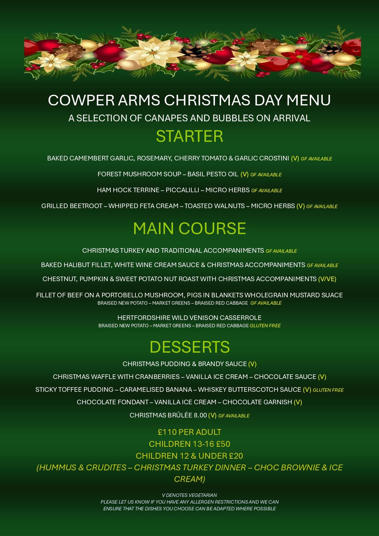 Christmas Day Food Menu for Xmas Dinner at Cowper Arms Pub in Digswell, near welwyn north station in Hertfordshire