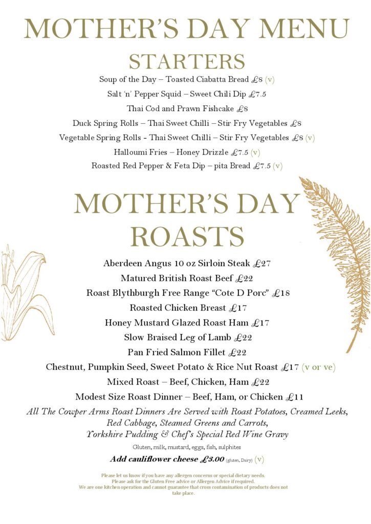 Mother's Day Menu Mothering Sunday 2023 at the Cowper Arms in Digswell near Welwyn Garden City. Starters and Roast Dinners. Carvery.