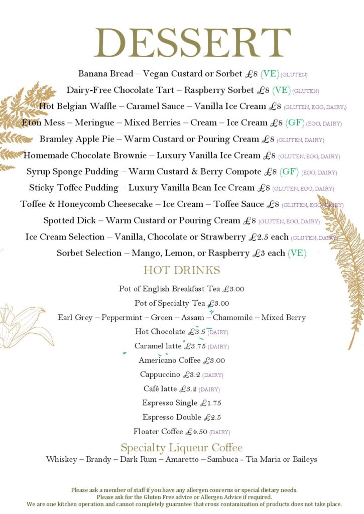 Dessert menu at the Cowper Arms pub in Digswell near Welwyn North and Welwyn garden city in Hertfordshire herts