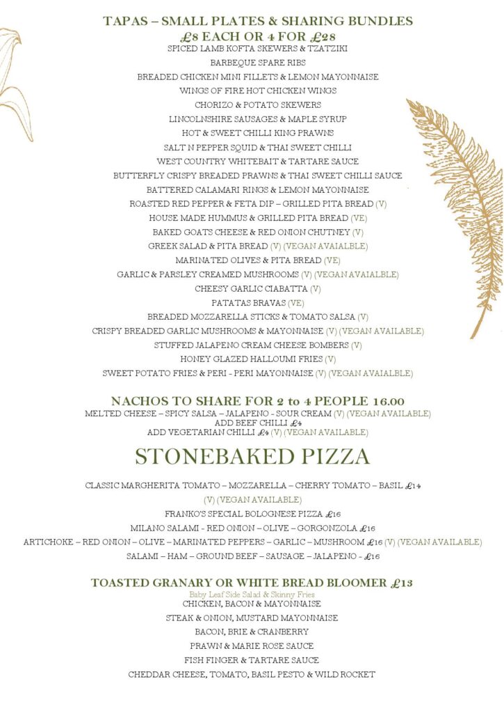 Tapas and nibbles, stonebaked pizza, sandwiches and lunch menu, pub food menu at the Cowper Arms pub in Digswell near Welwyn North and Welwyn garden city Hertfordshire herts