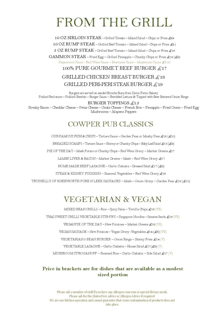 classic English pub dishes, grills, steak House, burgers, vegan menu, vegetarian, pub menu at Cowper Arms in Digswell near Welwyn North and Welwyn garden city in Hertfordshire herts