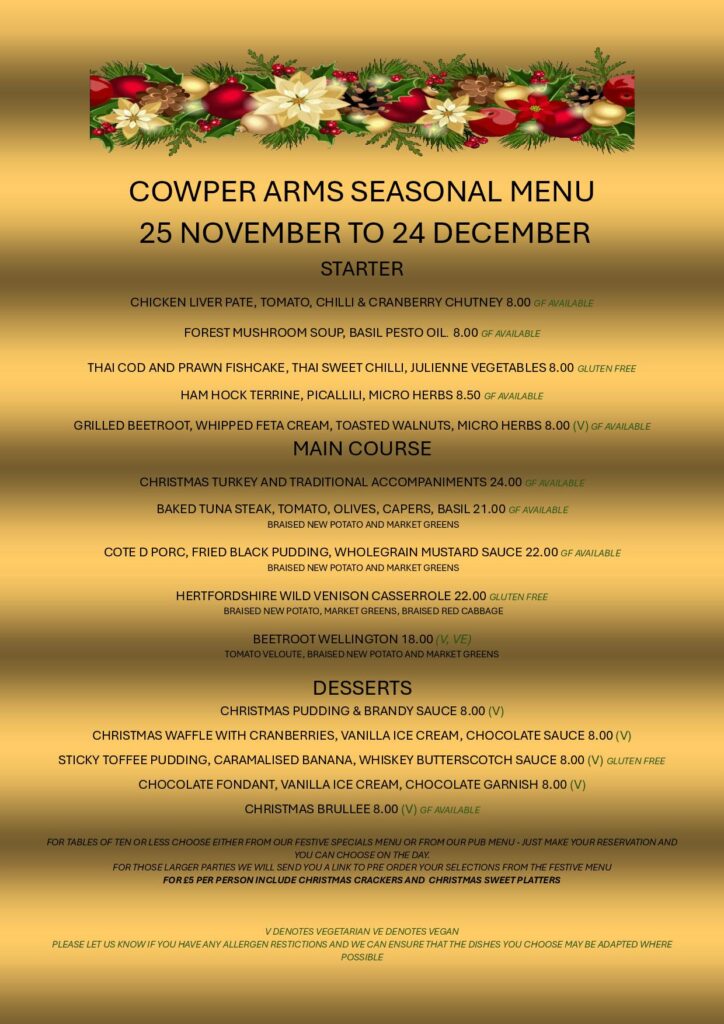 Christmas Party Food Menu for Work or social Christmas Do at Cowper Arms Pub in Digswell, near welwyn north station in Hertfordshire