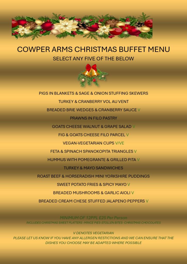 Christmas Party Food Menu for Work or social Christmas Do at Cowper Arms Pub in Digswell, near welwyn north station in Hertfordshire