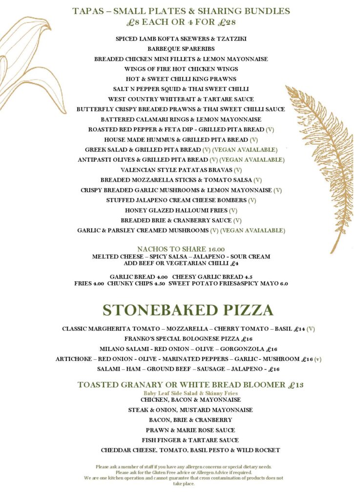 Tapas and nibbles, stonebaked pizza, sandwiches and lunch menu, pub food menu at the Cowper Arms pub in Digswell near Welwyn North and Welwyn garden city Hertfordshire herts
