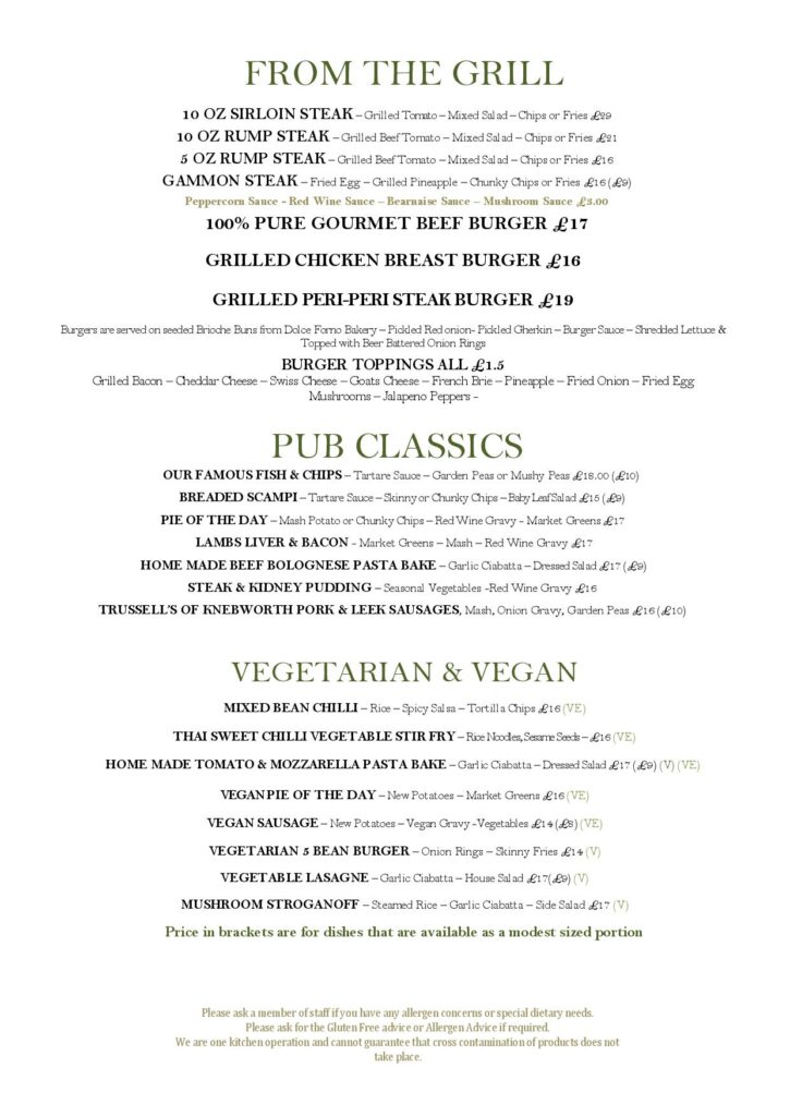 classic English pub dishes, grills, steak House, burgers, vegan menu, vegetarian, pub menu at Cowper Arms in Digswell near Welwyn North and Welwyn garden city in Hertfordshire herts