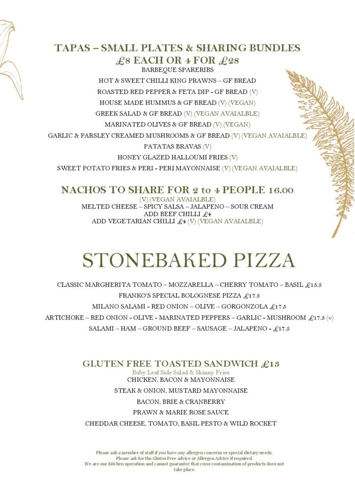 GLUTEN FREE MENU AT THE COWPER ARMS PUB AND KITCHEN IN DIGSWELL NEAR WELWYN GARDEN CITY, HERTS. GLUTEN FREE SANDWICHES, PIZZA AND BAR SNACKS