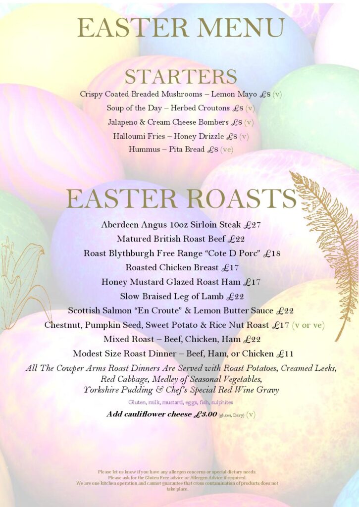 Sunday Roasts Menu for Easter Sunday at the Cowper Arms Pub in Digswell near Welwyn Garden City, Herts. Pub Favourites and desserts.
