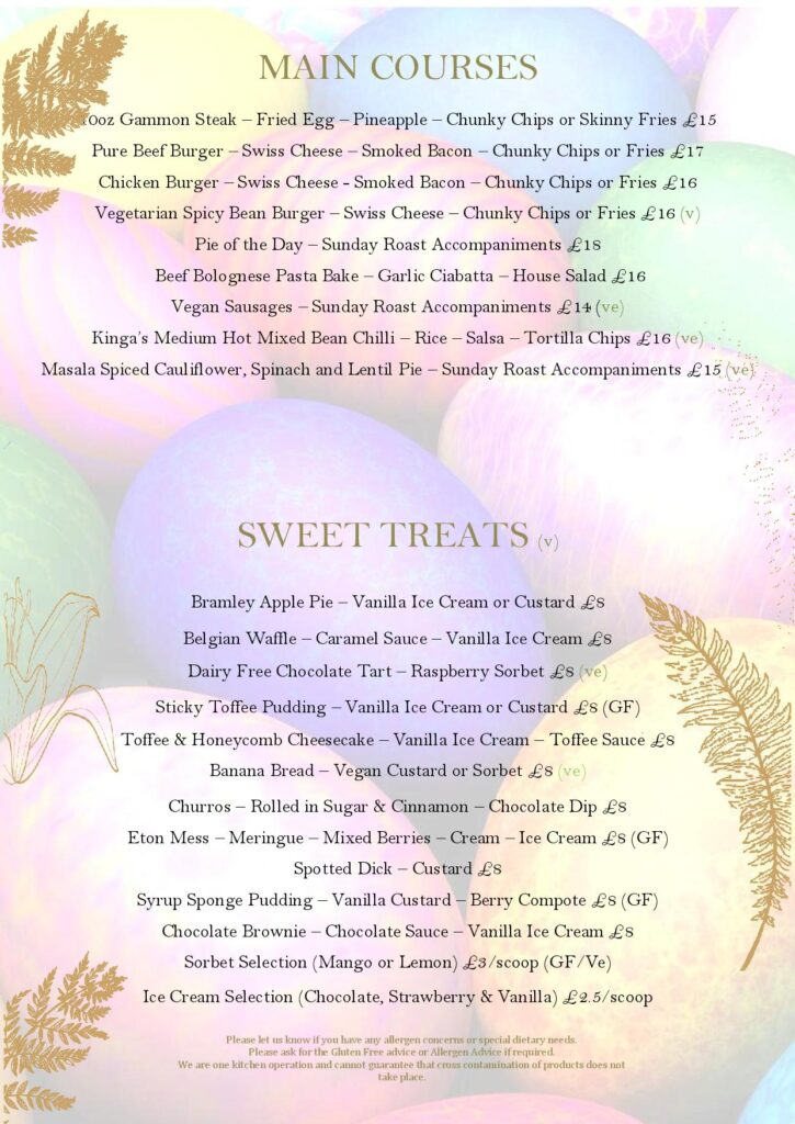 Sunday Roasts Menu for Easter Sunday at the Cowper Arms Pub in Digswell near Welwyn Garden City, Herts. Pub Favourites and desserts.