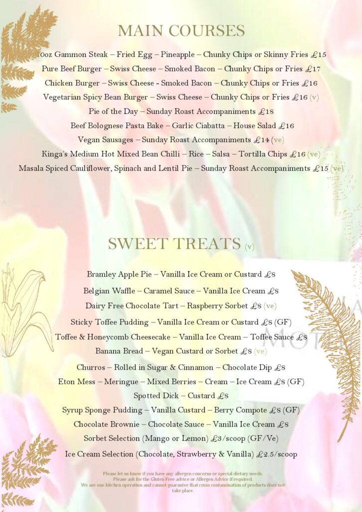 Mother's Day Menu for Mothering Sunday at the Cowper Arms Pub in Digswell near Welwyn Garden City, Herts. Pub Favourites and desserts.