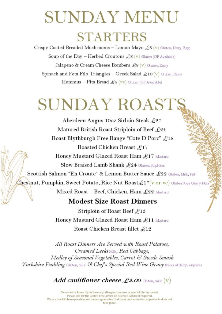 Sunday Roasts Menu for Easter Sunday at the Cowper Arms Pub in Digswell near Welwyn Garden City, Herts. Pub Favourites and desserts.