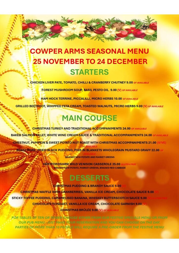 Christmas Party Food Menu for Work or social Christmas Do at Cowper Arms Pub in Digswell, near welwyn north station in Hertfordshire