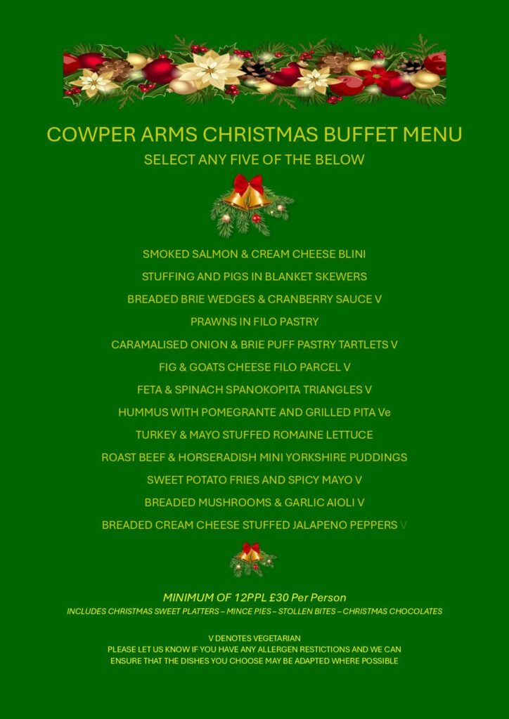 Christmas Party Food Menu for Work or social Christmas Do at Cowper Arms Pub in Digswell, near welwyn north station in Hertfordshire